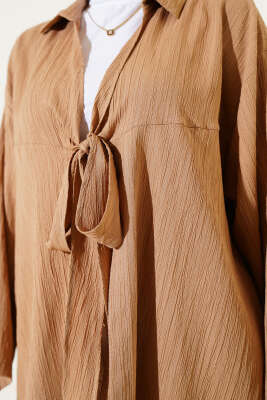 Önü Bağlamalı Krinkıl Kimono Camel - Thumbnail