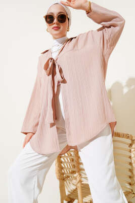 Önü Bağlamalı Krinkıl Kimono Bej - Thumbnail