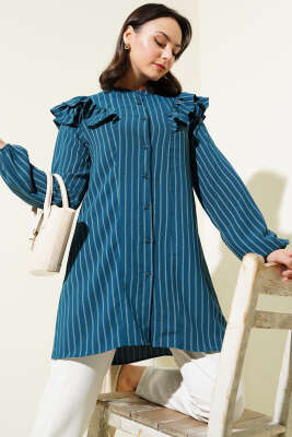 Pazarium - Omuzları Fırfırlı Çizgili Tunik Zümrüt