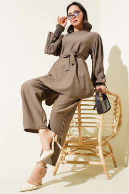 Pazarium - Kolları Pileli Kuşaklı İkili Takım Vizon