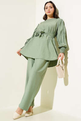 Pazarium - Kolları Pileli Kuşaklı İkili Takım Çağla Yeşil