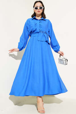 Pazarium - Taşlı Fırfırlı Etekli İkili Takım Saks