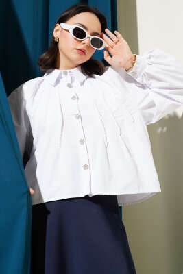 Pazarium - Balon Kol Taş Düğmeli Kısa Gömlek Beyaz