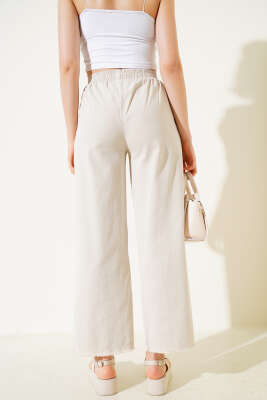 Bel Lastikli Paça Püsküllü Gabardin Pantolon Taş - Thumbnail