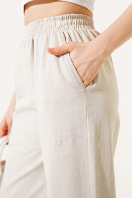 Bel Lastikli Paça Püsküllü Gabardin Pantolon Taş - Thumbnail