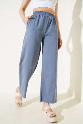 Bel Lastikli Paça Püsküllü Gabardin Pantolon İndigo - Thumbnail