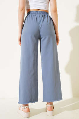 Bel Lastikli Paça Püsküllü Gabardin Pantolon İndigo - Thumbnail