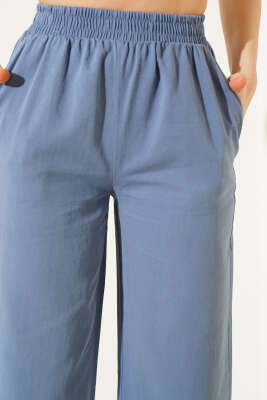 Bel Lastikli Paça Püsküllü Gabardin Pantolon İndigo - Thumbnail