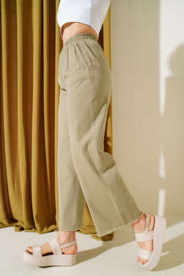 Bel Lastikli Paça Püsküllü Gabardin Pantolon Çağla Yeşili - Thumbnail