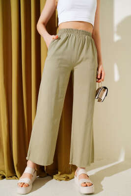 Bel Lastikli Paça Püsküllü Gabardin Pantolon Çağla Yeşili - Thumbnail