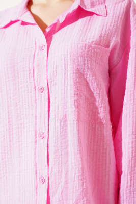 Tek Cepli Kırışık Doku Gömlek Pembe - Thumbnail
