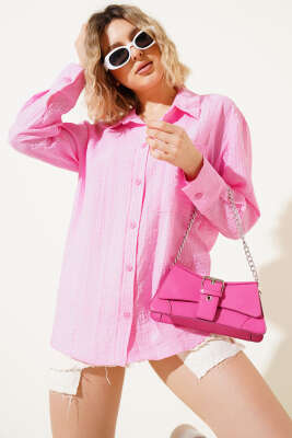 Tek Cepli Kırışık Doku Gömlek Pembe - Thumbnail