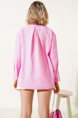 Tek Cepli Kırışık Doku Gömlek Pembe - Thumbnail