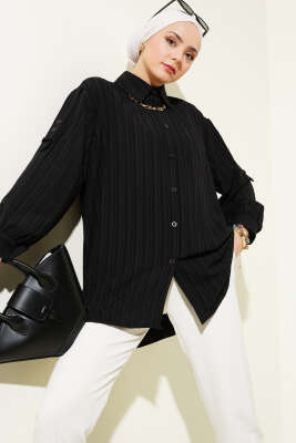 Pazarium - Kol Apoletli Ağaç Kabuğu Gömlek Siyah