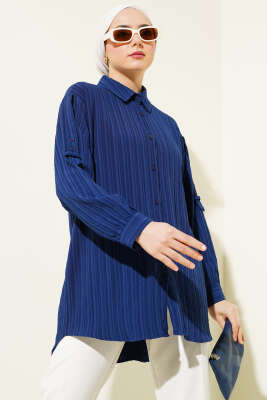 Pazarium - Kol Apoletli Ağaç Kabuğu Gömlek Lacivert