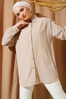 Pazarium - Kol Apoletli Ağaç Kabuğu Gömlek Bej