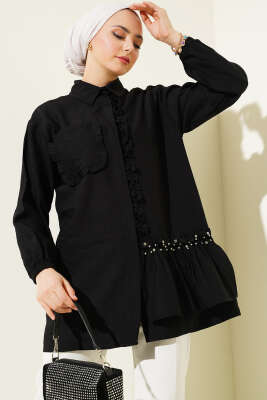 Pazarium - Taşlı Fırfırlı Gömlek Siyah