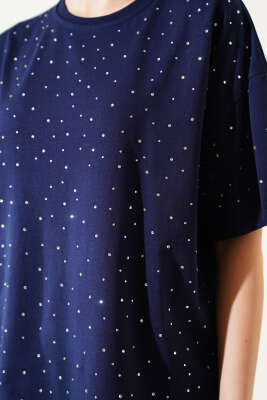 Önü Taş Süslemeli T-shirt Lacivert - Thumbnail