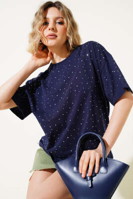 Önü Taş Süslemeli T-shirt Lacivert - Thumbnail