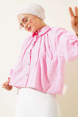 Pazarium - Balon Kol Taş Düğmeli Kısa Gömlek Pembe