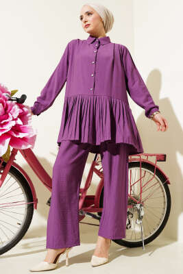 Pazarium - Eteği Pileli Yarım Düğmeli İkili Takım Magenta