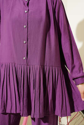 Eteği Pileli Yarım Düğmeli İkili Takım Magenta - Thumbnail