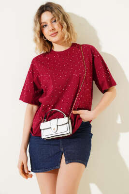 Pazarium - Önü Taş Süslemeli T-shirt Bordo