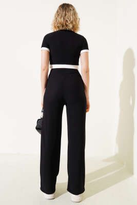 Metal Düğmeli Kısa Kol Kaşkorse Crop İkili Takım Siyah - Thumbnail