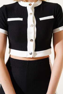 Metal Düğmeli Kısa Kol Kaşkorse Crop İkili Takım Siyah - Thumbnail