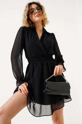 Pazarium - Bel Gipeli Gömlek Yaka Tül Mini Elbise Siyah