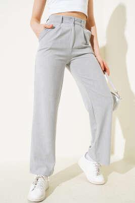 Tek Pileli Geniş Paçalı Pantolon Gri - Thumbnail