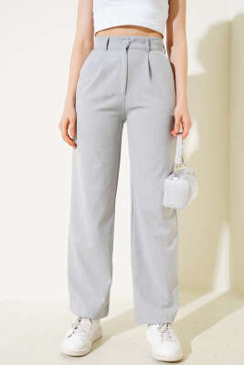 Tek Pileli Geniş Paçalı Pantolon Gri - Thumbnail