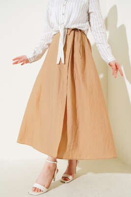 Pazarium - Bel Lastikli İp Bağlamalı Etek Camel