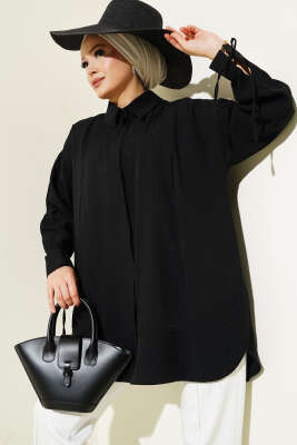 Pazarium - Manşet İpli Göğüs Pileli Gömlek Siyah