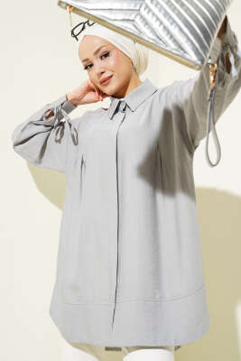 Manşet İpli Göğüs Pileli Gömlek Gri - Thumbnail