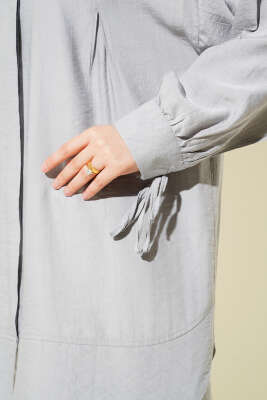 Manşet İpli Göğüs Pileli Gömlek Gri - Thumbnail