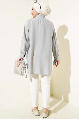 Manşet İpli Göğüs Pileli Gömlek Gri - Thumbnail