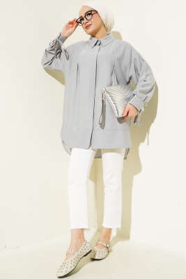 Manşet İpli Göğüs Pileli Gömlek Gri - Thumbnail