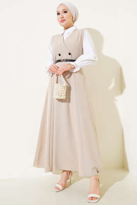 Pazarium - Kruvaze Yaka Kemerli Jile Elbise Bej