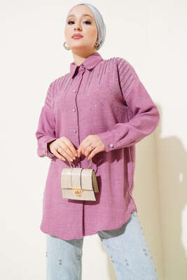 Pazarium - Omuz Taş Süslemeli Gömlek Gül Kurusu