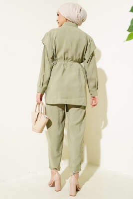 Önü Dik Pileli İp Bağcıklı İkili Takım Çağla Yeşili - Thumbnail