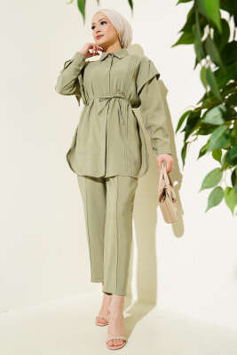Önü Dik Pileli İp Bağcıklı İkili Takım Çağla Yeşili - Thumbnail