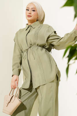 Önü Dik Pileli İp Bağcıklı İkili Takım Çağla Yeşili - Thumbnail