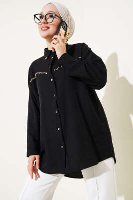 Pazarium - Göğüs Taş Sıralı Gömlek Siyah