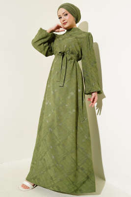 Pazarium - Desenli Balon Kol Kuşaklı Jakar Elbise Haki