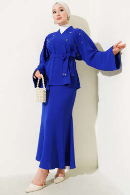 Pazarium - Taşlı İnci Süslemeli Etekli İkili Takım Saks