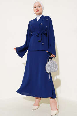 Pazarium - Taşlı İnci Süslemeli Etekli İkili Takım Lacivert