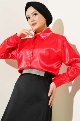 Pazarium - Uzun Kol Saten Gömlek Kırmızı