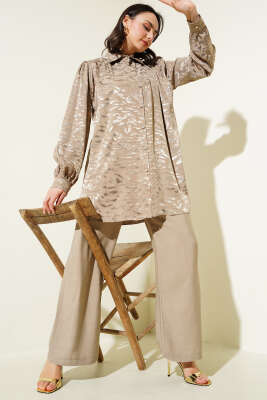 Pazarium - Zebra Desen Jakar Tunik İkili Takım Bej