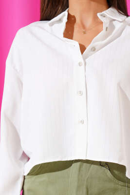 Varak Çizgili Crop Gömlek Silver - Thumbnail